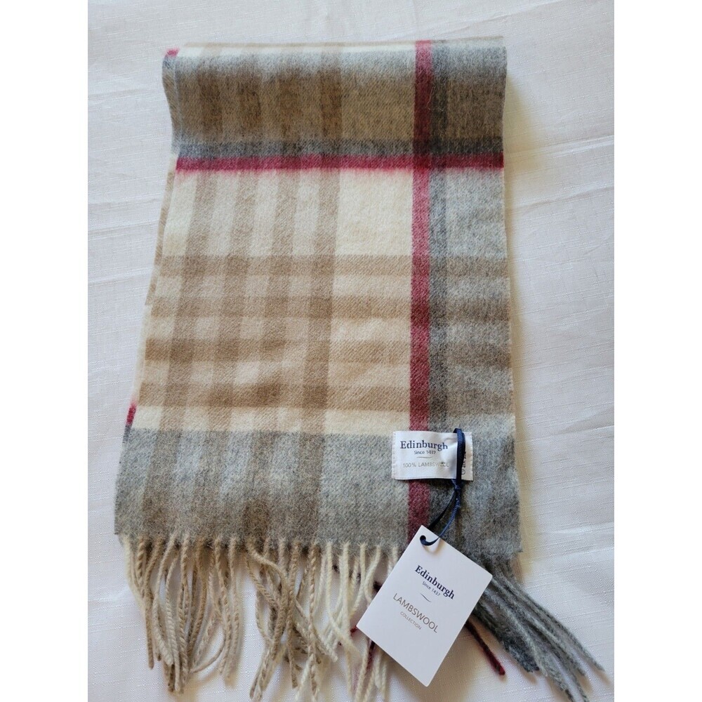 Edinburgh NWT100% Lambswool Scarf Camel Grey Tartan Plaid Virgin Wool 62 x10"